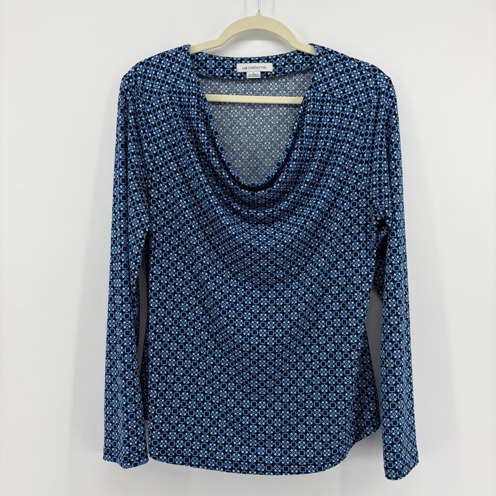 Liz Claiborne Womens Large Blue Geometric Cowl Neck Long Sleeve Blouse Top